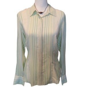 NWOT Jones Wear Silk Green & White Button Up Long Sleeve Blouse – Size 10